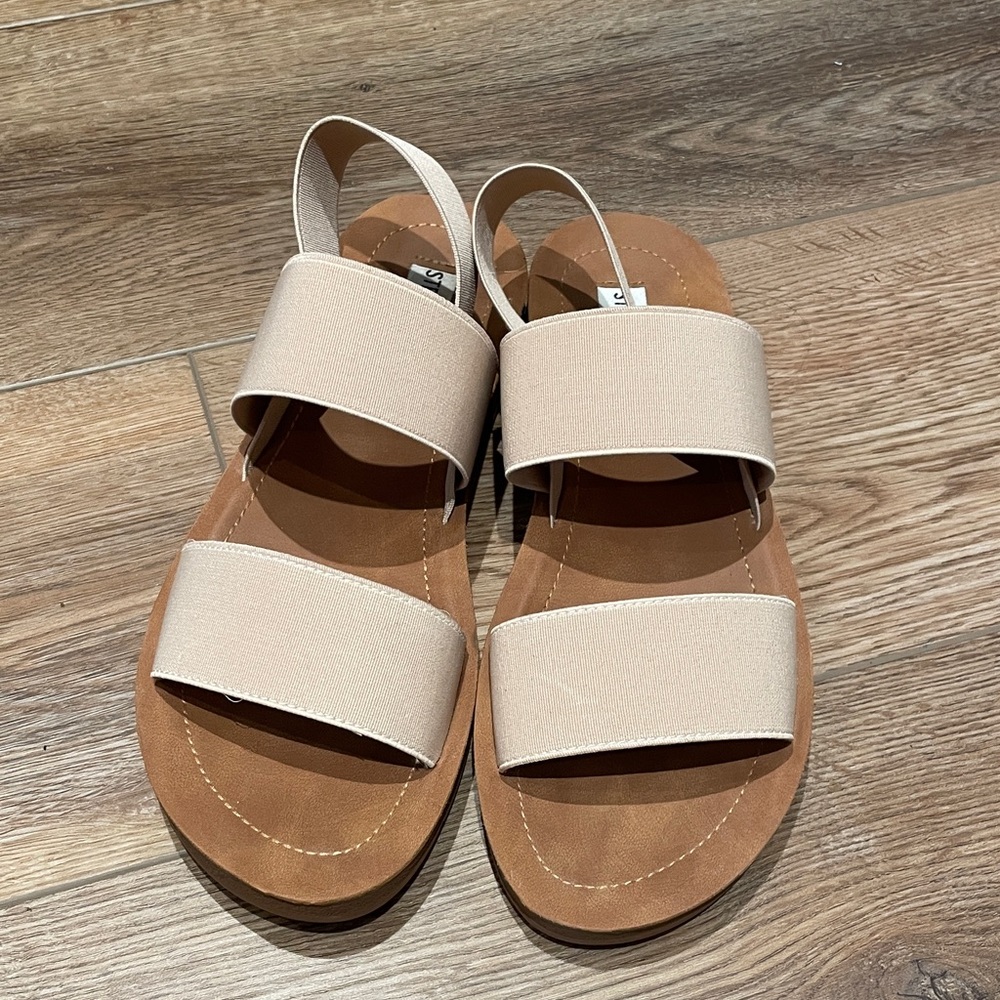 Steve Madden Beige and Tan Two-Strap Slingback Sandals